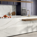 Circa porcelain kitchen island in pure white with light-gray veining