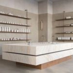 Onyxa porcelain white and beige countertop with bright white and gold accents