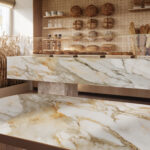 Antikella porcelain countertop and tabletop with bone-white base and golden veins