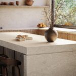 Crestone porcelain countertop with a taupe base with beige and white veins