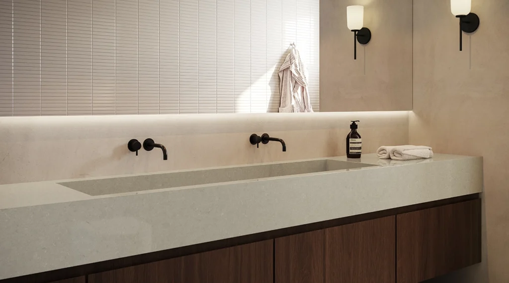 Caesarstone ICON 4101 Organic Dawn beige modern bathroom
