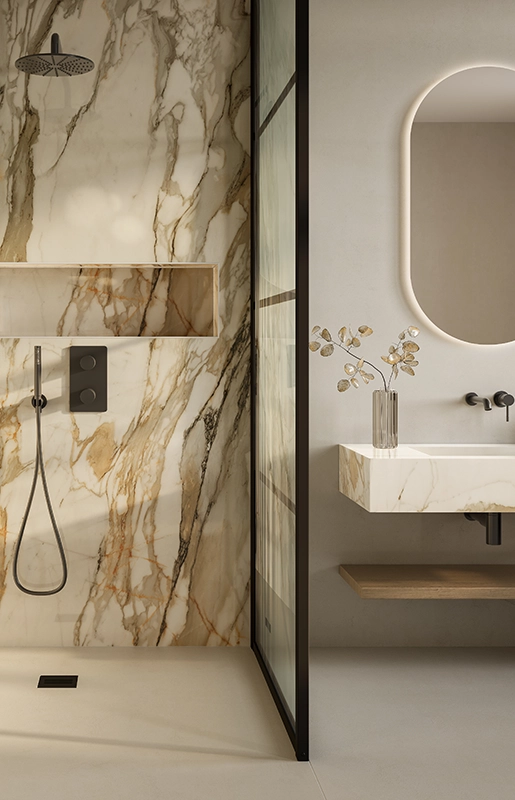 Caesarstone Lioli Porcelain 536 Antikella_412 Beige Cement in bathroom with cladding and flooring