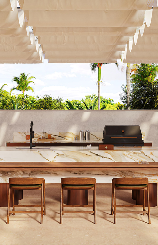 Caesarstone 536 Antikella in Outdoor kitchen and dining area with wooden table, chairs, marble counter, grill, and tropical plants.